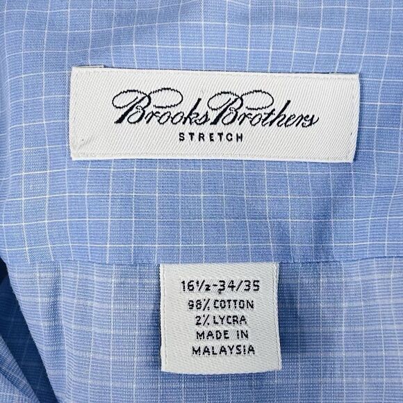 Brooks Brothers 16.5 34/35 Stretch Dress Shirt Blue Plaid Cotton Blend - Picture 3 of 5